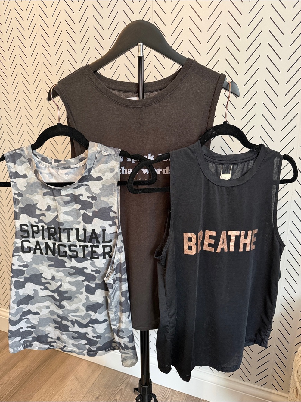 Lot of 3 Spiritual Gangster Women's Grey Camo & Black Graphic Tank Trio